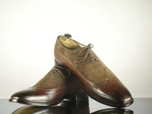 Handmade Men's Brown Wing Tip Brogue Leather Suede Lace Up Shoes, Men Designer Dress Formal Luxury Shoes