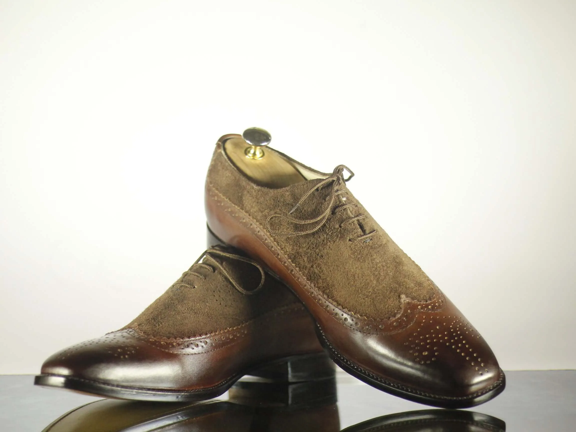Handmade Men's Brown Wing Tip Brogue Leather Suede Lace Up Shoes, Men Designer Dress Formal Luxury Shoes