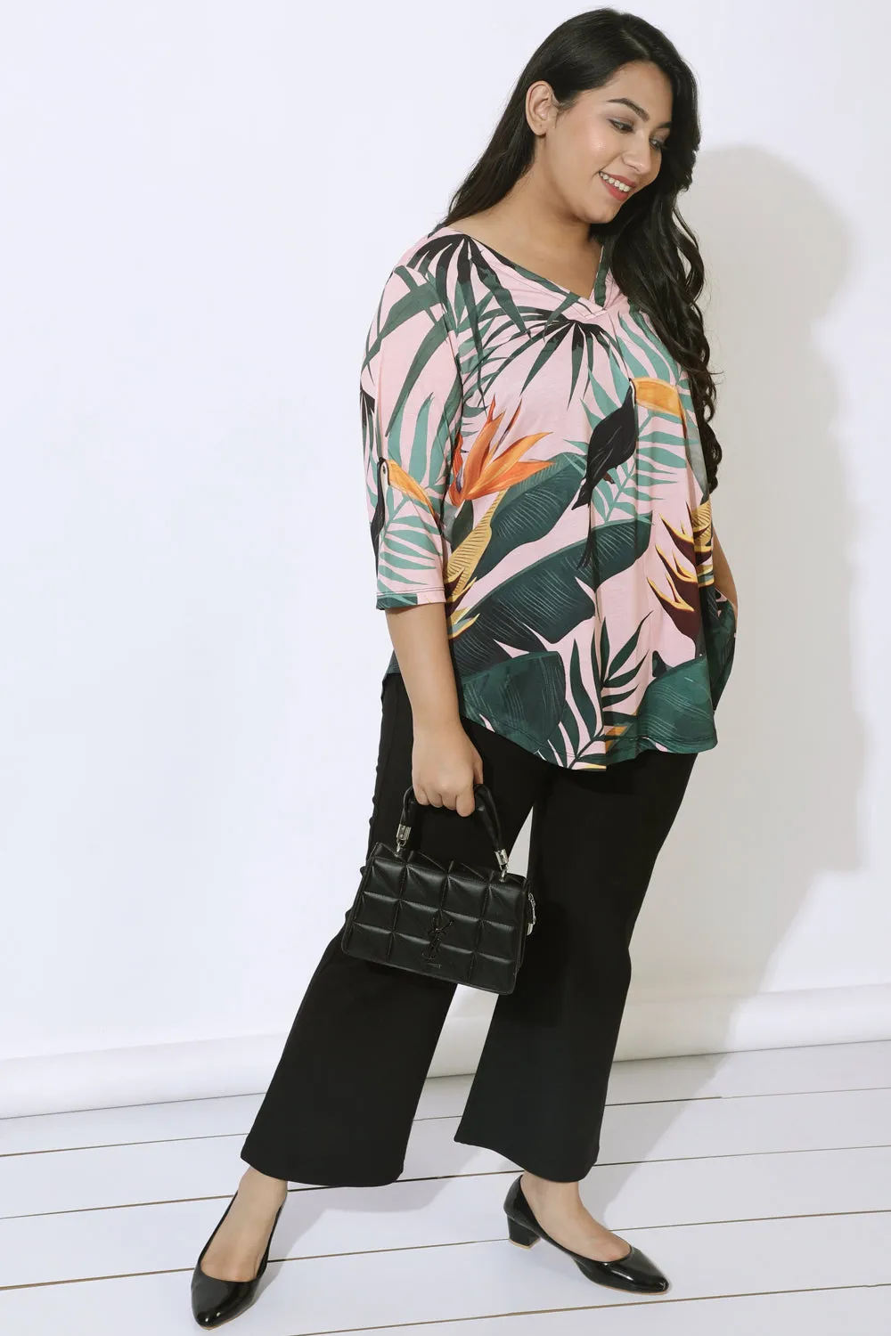 Plus Size Pink Tropical Print Centre Pleat Top