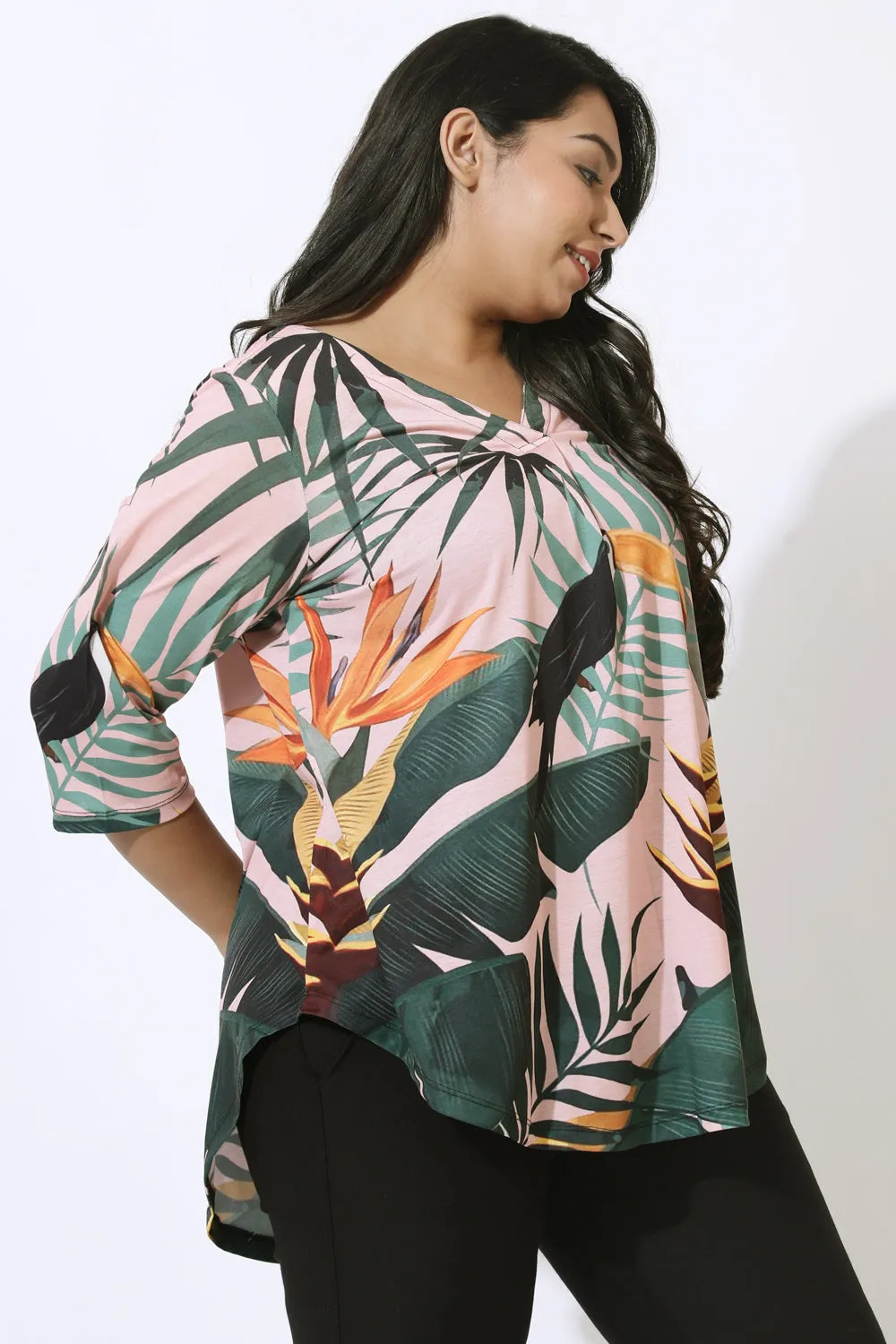 Plus Size Pink Tropical Print Centre Pleat Top