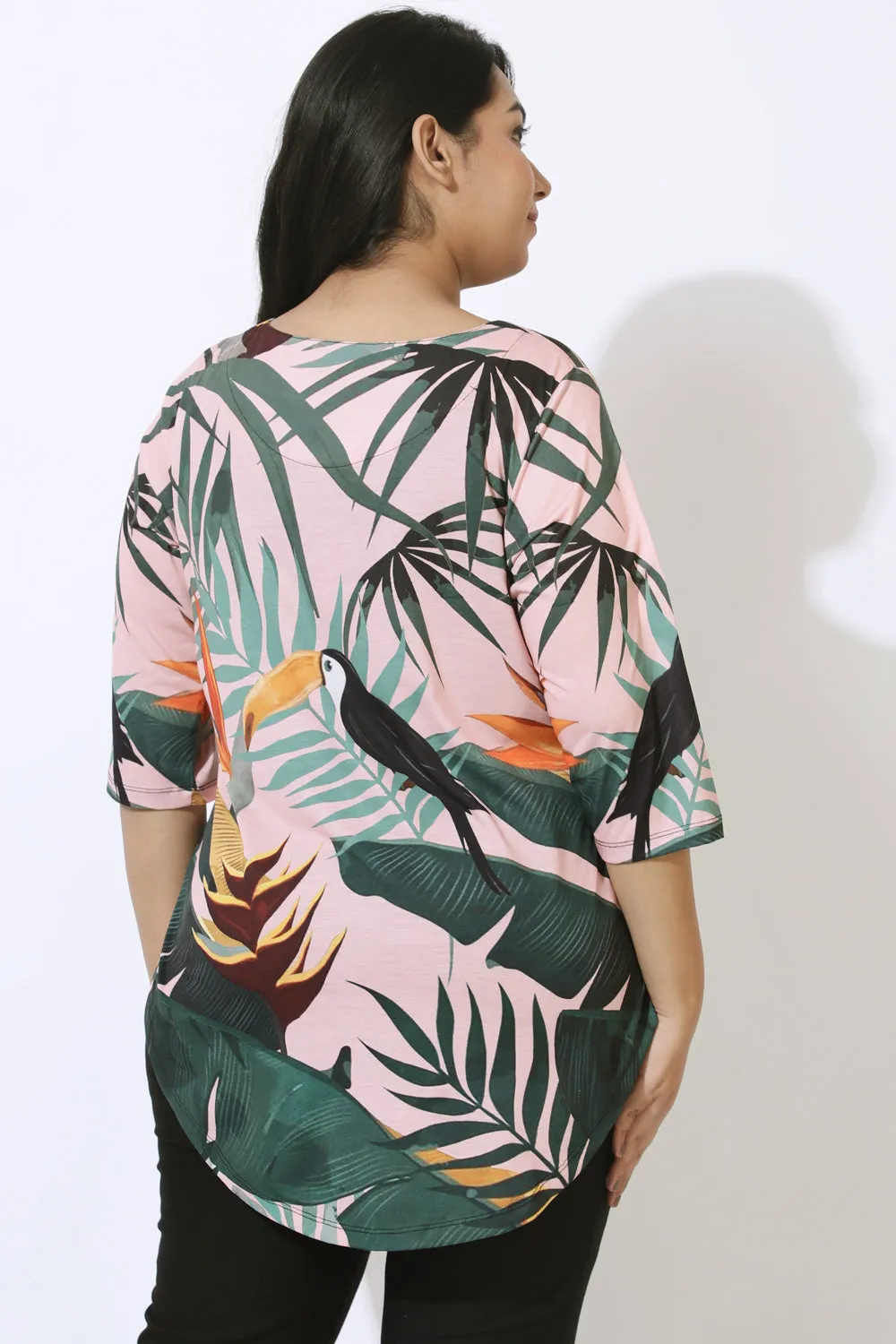 Plus Size Pink Tropical Print Centre Pleat Top