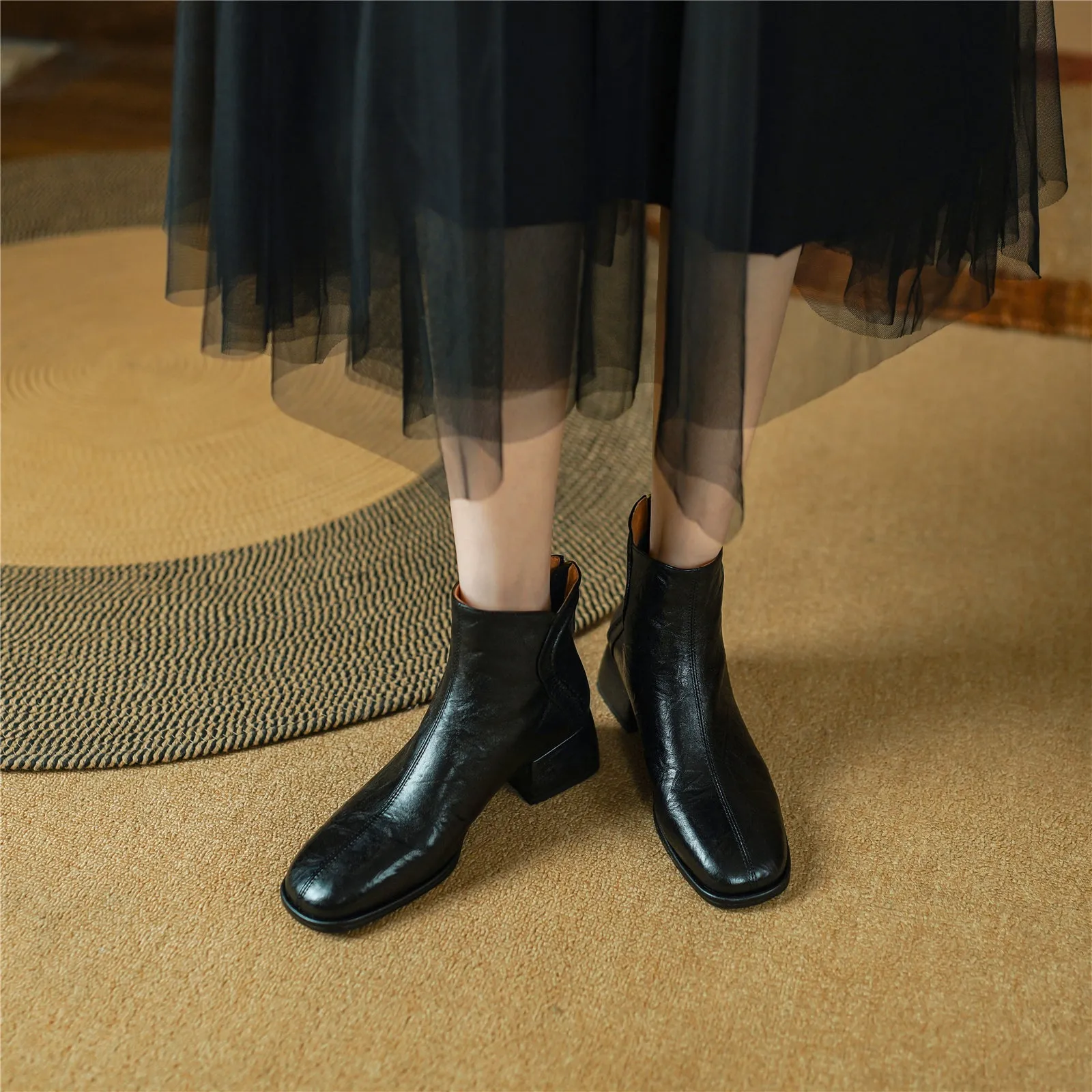 TinaCus Genuine Leather Women's Zip Up Handmade Chunky Heel Ankle Boots