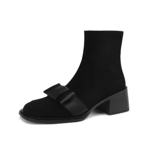 TinaCus Handmade Women's Suede Leather Bowknot Comfort Square Toe Side Zipper Mid Block Heel Ankle Boots