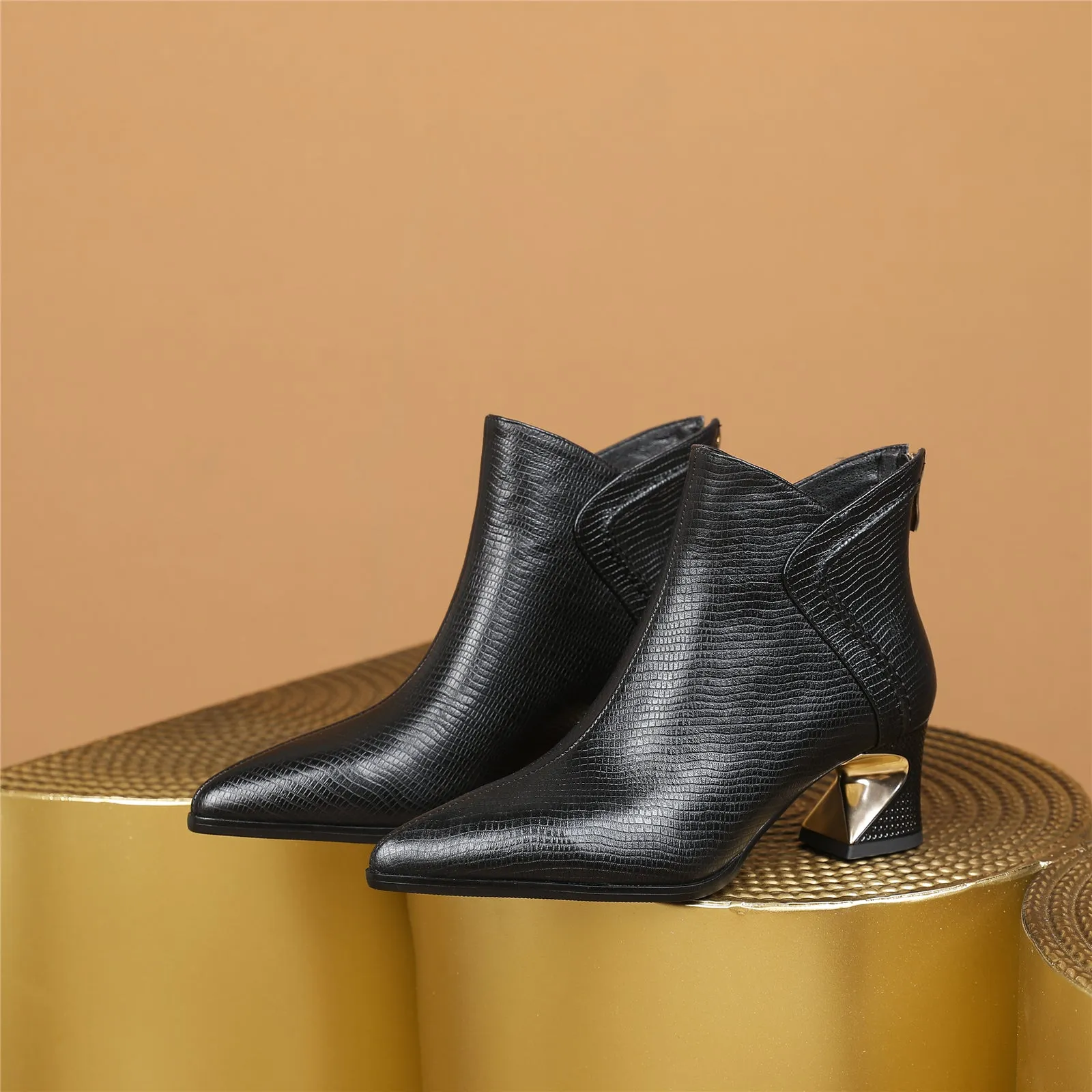 TinaCus Women Genuine Leather Handmade Spool Heel Back Zipper Ankle Boots