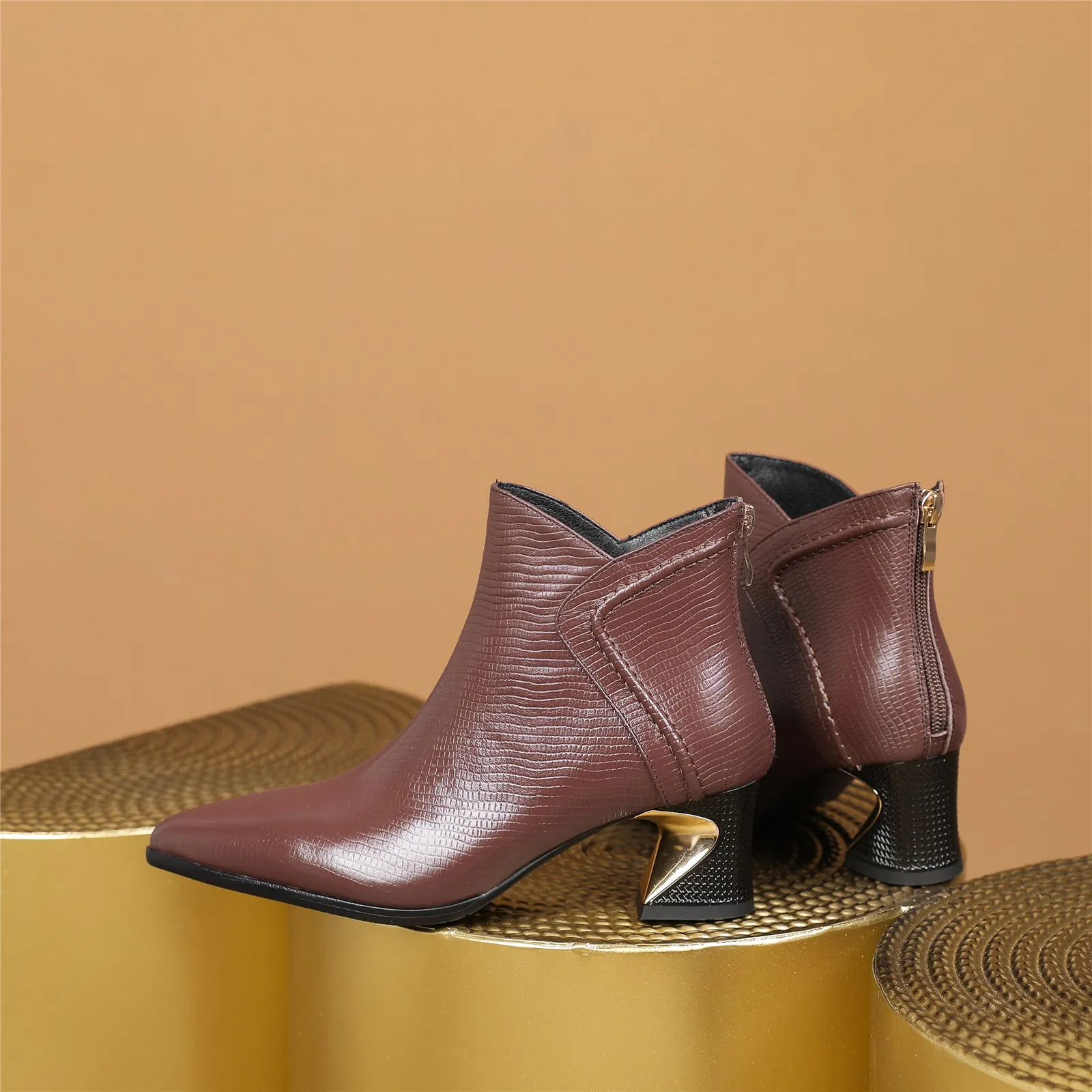 TinaCus Women Genuine Leather Handmade Spool Heel Back Zipper Ankle Boots
