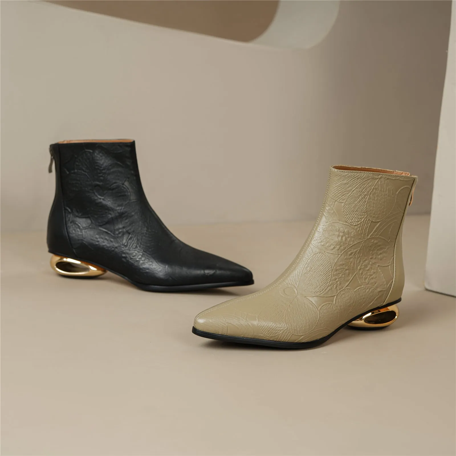 TinaCus Women's Embossing Genuine Leather Handmade Block Heel Back Zip Up Ankle Boots