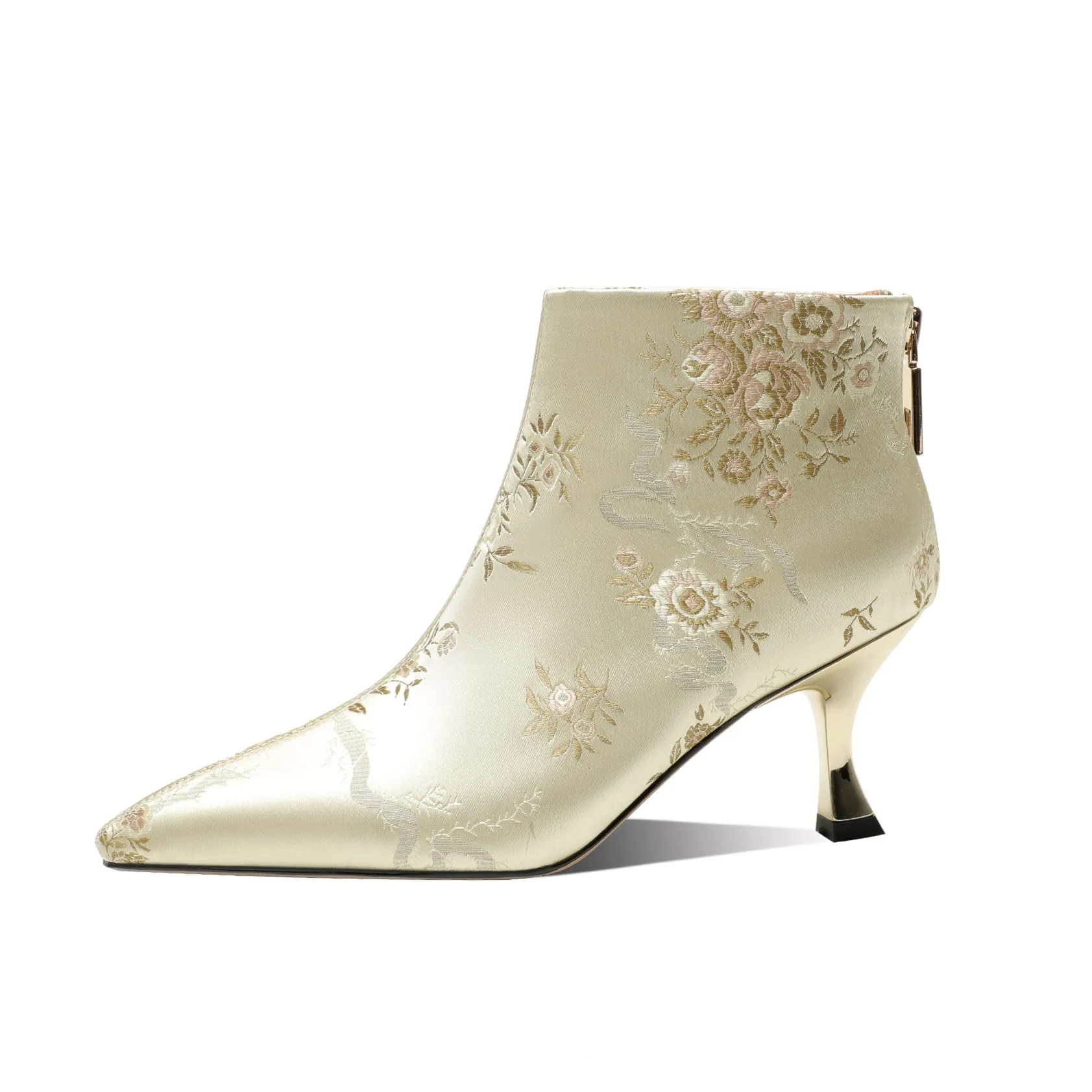 TinaCus Women's Floral Embroidery Silk Handmade Kitten Heel Zip Up Ankle Boots