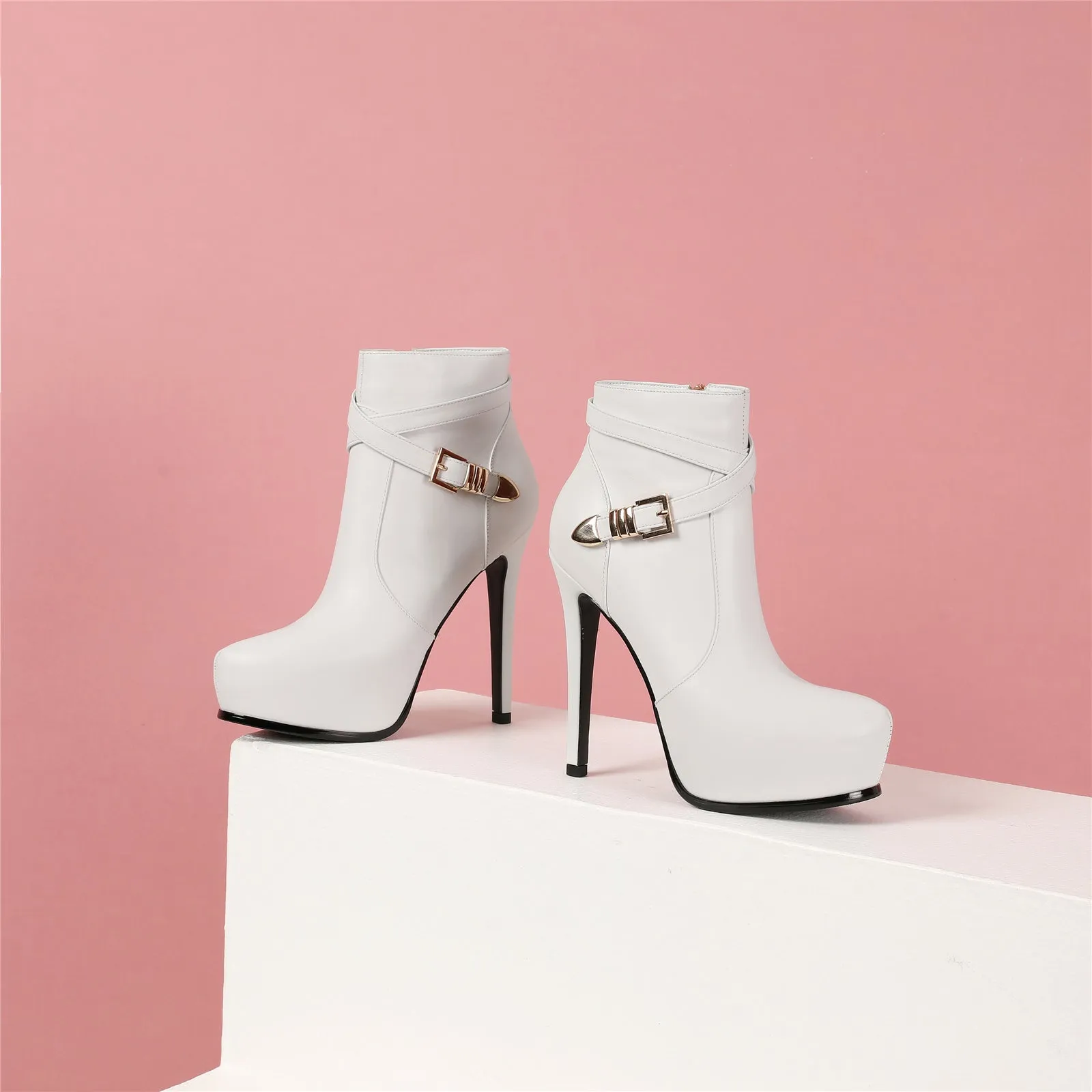 TinaCus Women's Genuine Leather Handmade Side Zip Buckle High Stiletto Heel Platform Ankle Boots
