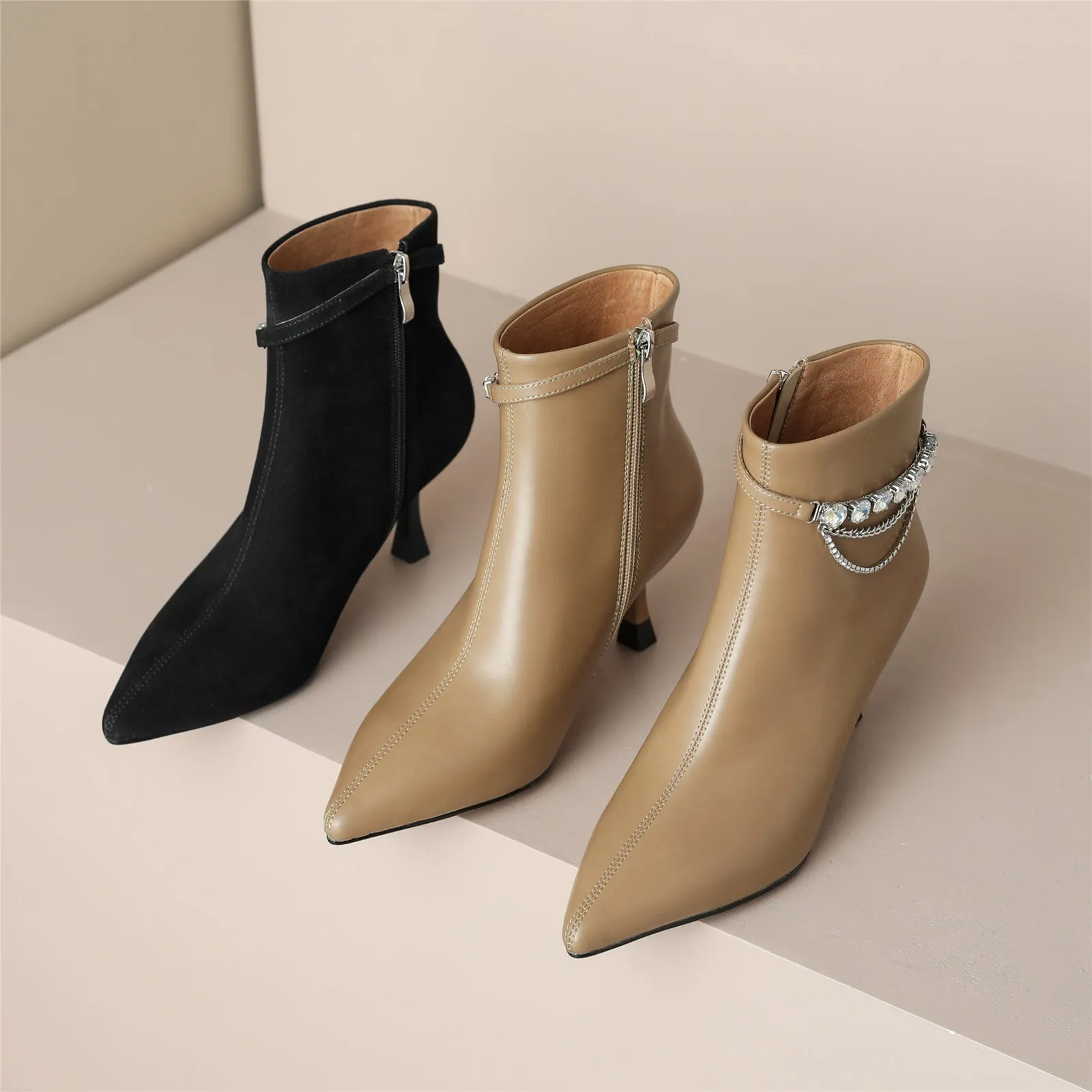 TinaCus Women's Genuine Leather Handmade Side Zip Up Crystal Chain Decor Pointed Toe Kitten Heel Ankle Boots