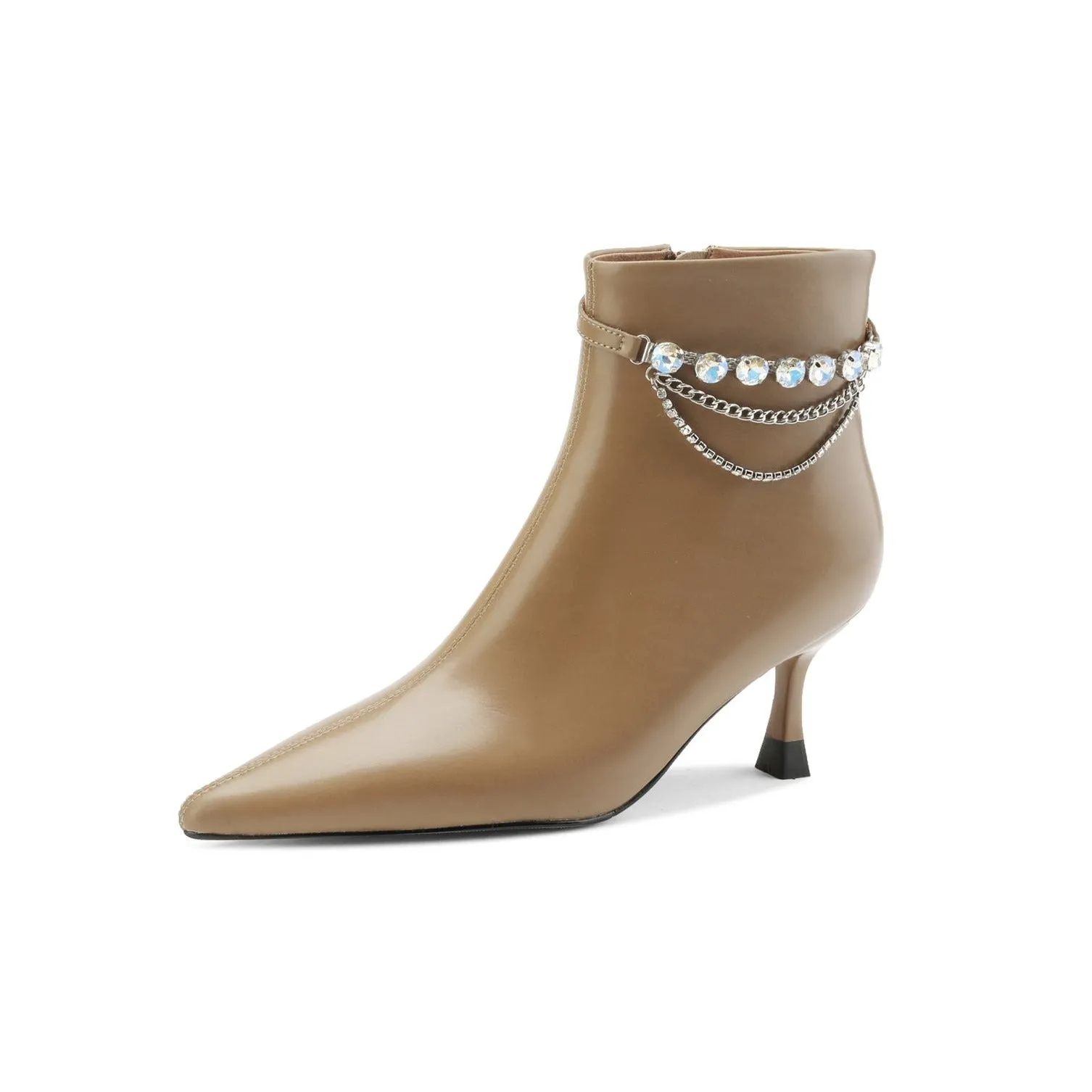 TinaCus Women's Genuine Leather Handmade Side Zip Up Crystal Chain Decor Pointed Toe Kitten Heel Ankle Boots
