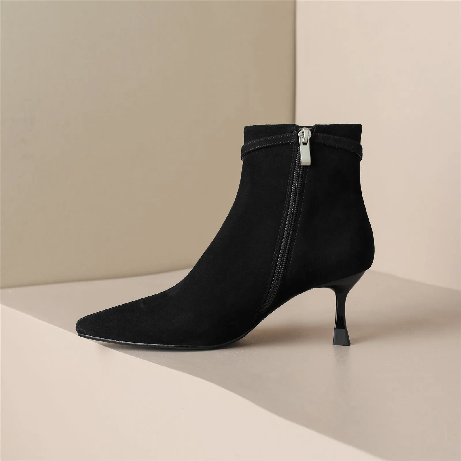 TinaCus Women's Genuine Leather Handmade Side Zip Up Crystal Chain Decor Pointed Toe Kitten Heel Ankle Boots