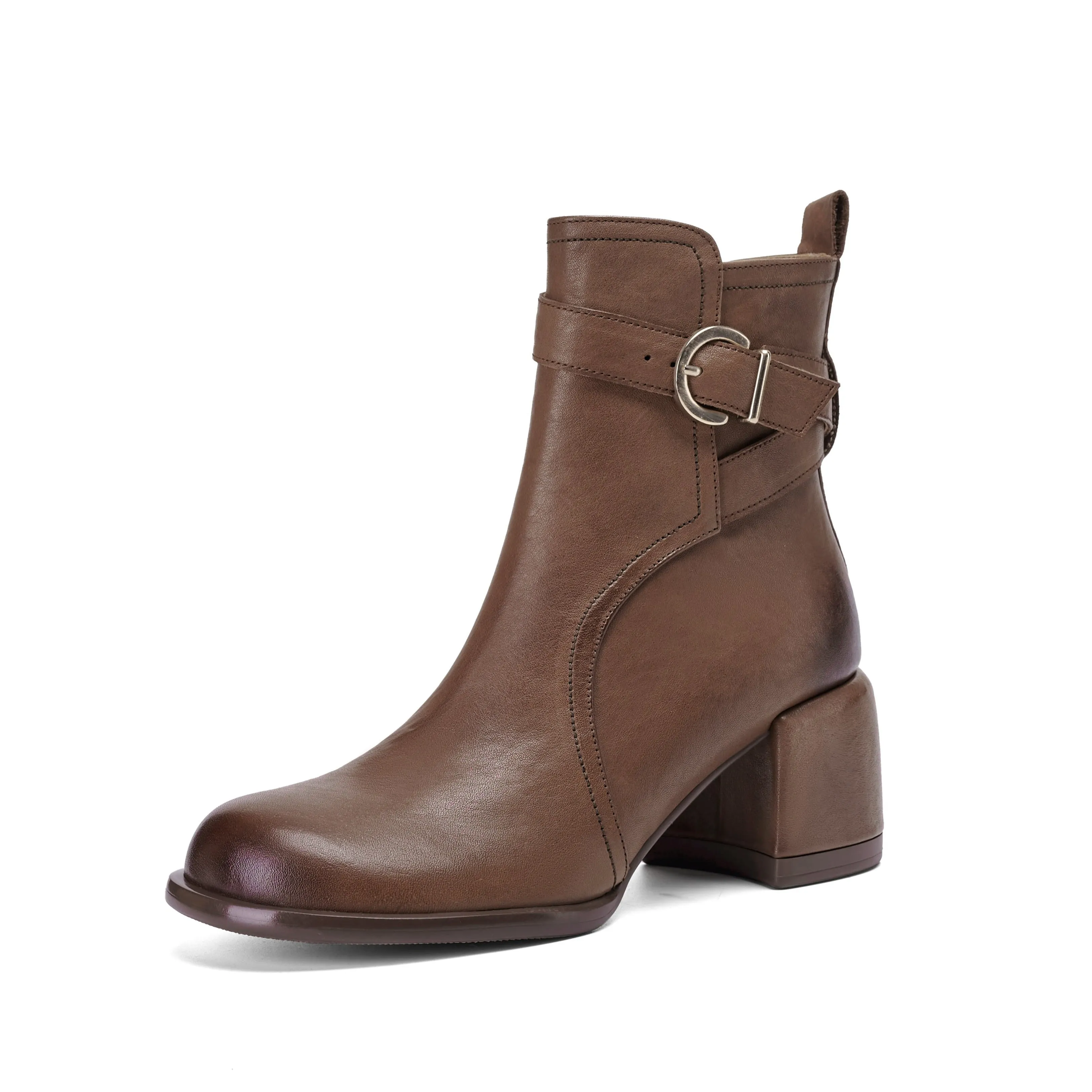 TinaCus Women's Genuine Leather Modern Buckle Handmade Chunky Heel Side Zip Ankle Boots