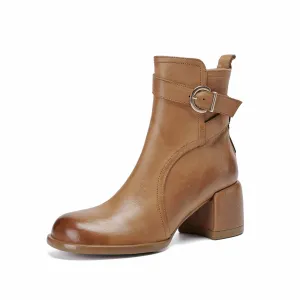 TinaCus Women's Genuine Leather Modern Buckle Handmade Chunky Heel Side Zip Ankle Boots