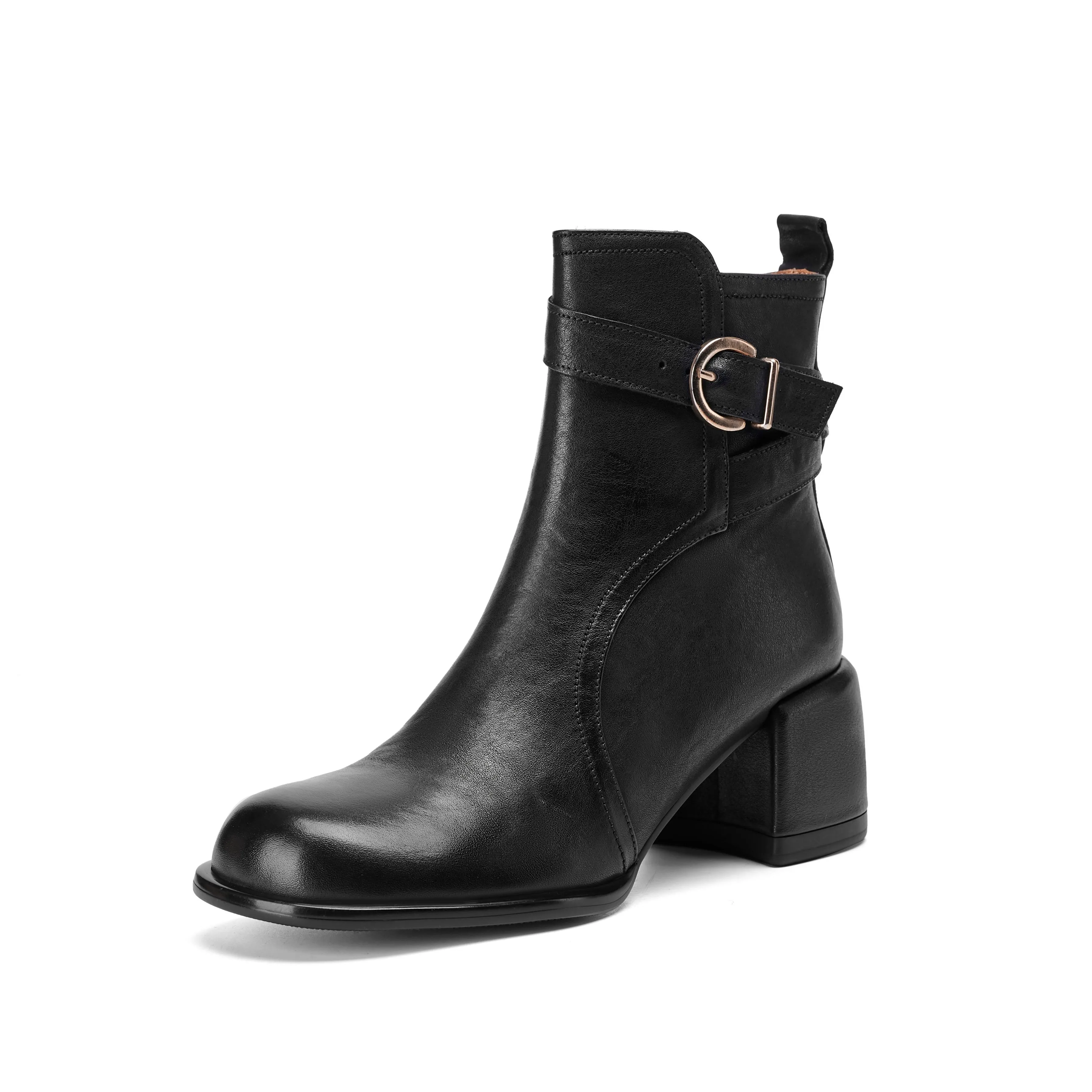 TinaCus Women's Genuine Leather Modern Buckle Handmade Chunky Heel Side Zip Ankle Boots
