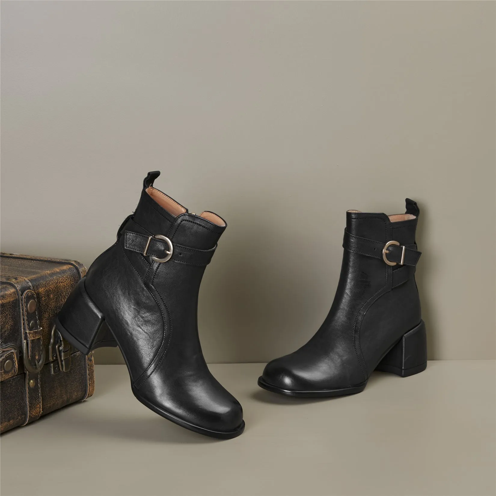 TinaCus Women's Genuine Leather Modern Buckle Handmade Chunky Heel Side Zip Ankle Boots
