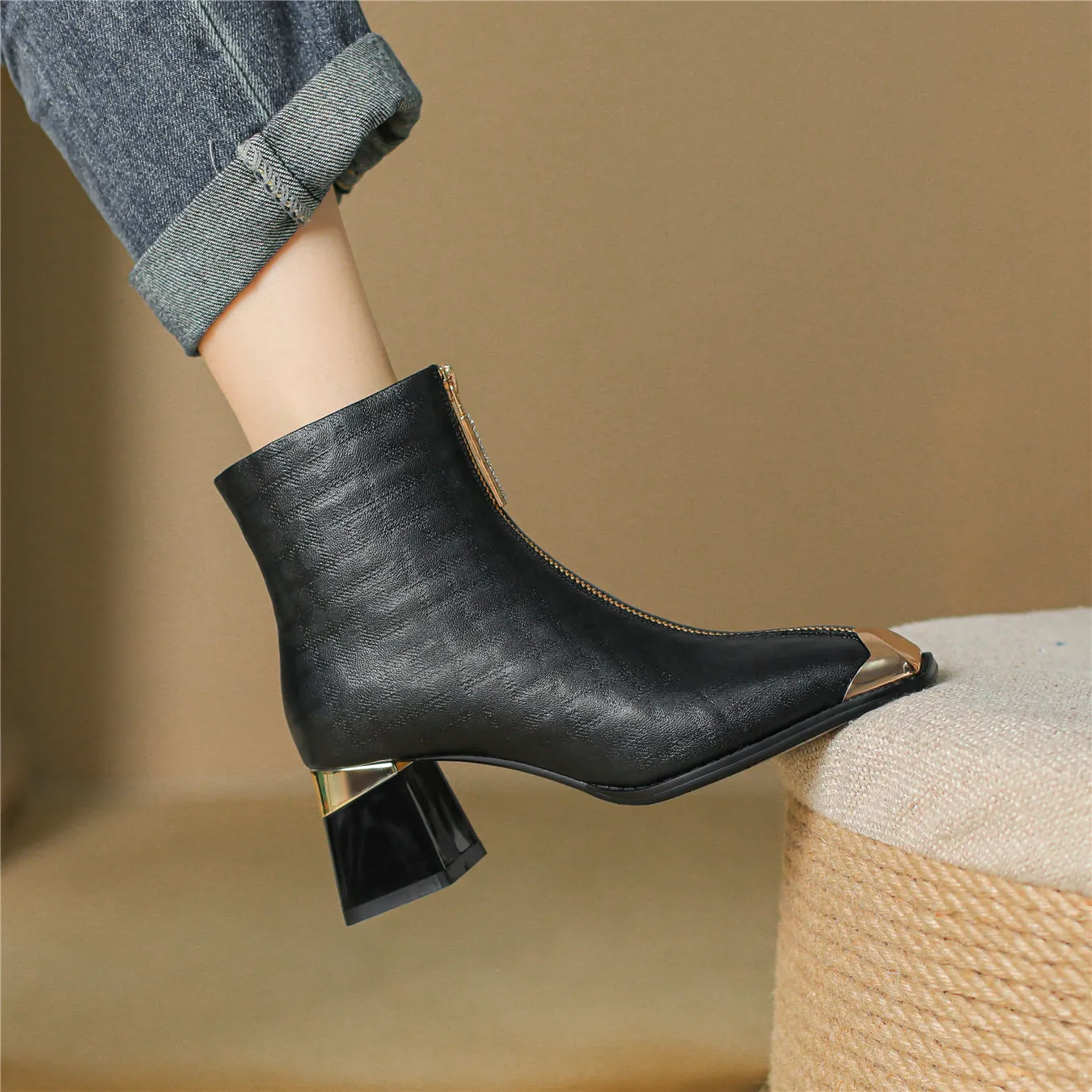 TinaCus Women's Genuine Leather Square Toe Handmade Block Heel Front Zipper Ankle Boots