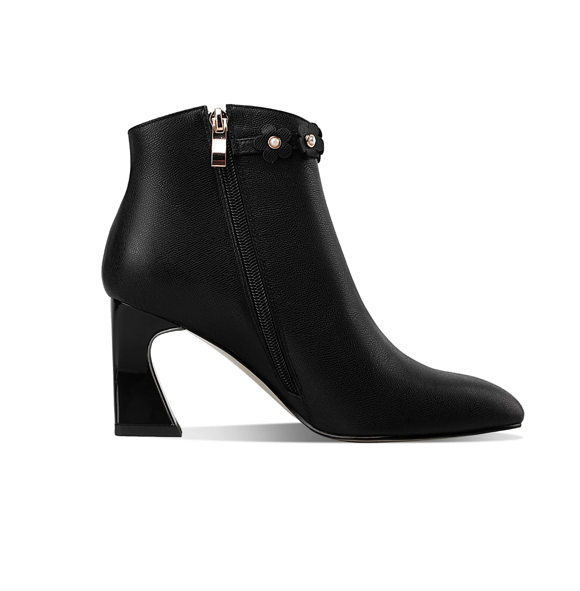 TinaCus Women's Handmade Genuine Leather Mid Spool Heel Side Zip Up Trendy Ankle Booties with Floral Buckle Decor