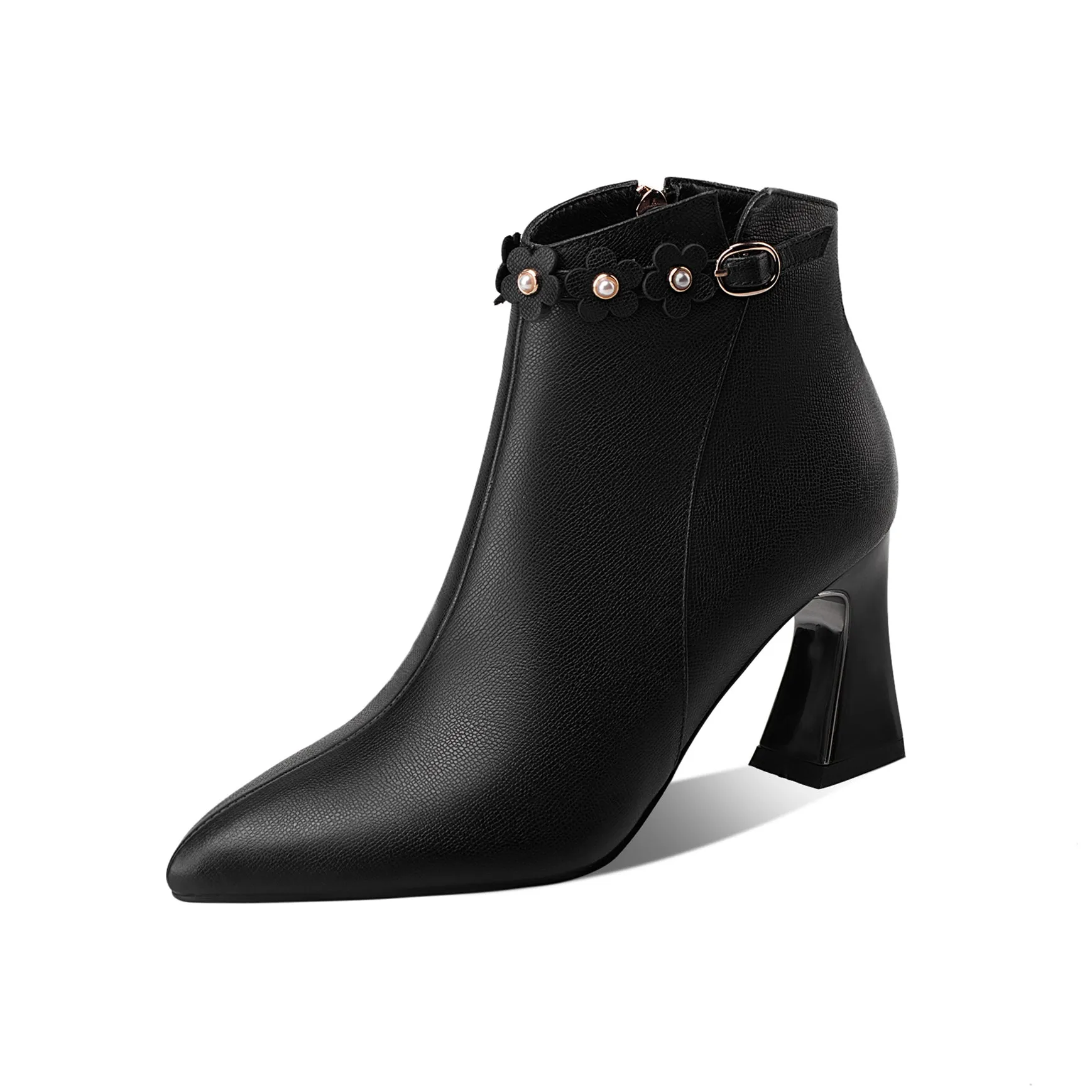 TinaCus Women's Handmade Genuine Leather Mid Spool Heel Side Zip Up Trendy Ankle Booties with Floral Buckle Decor