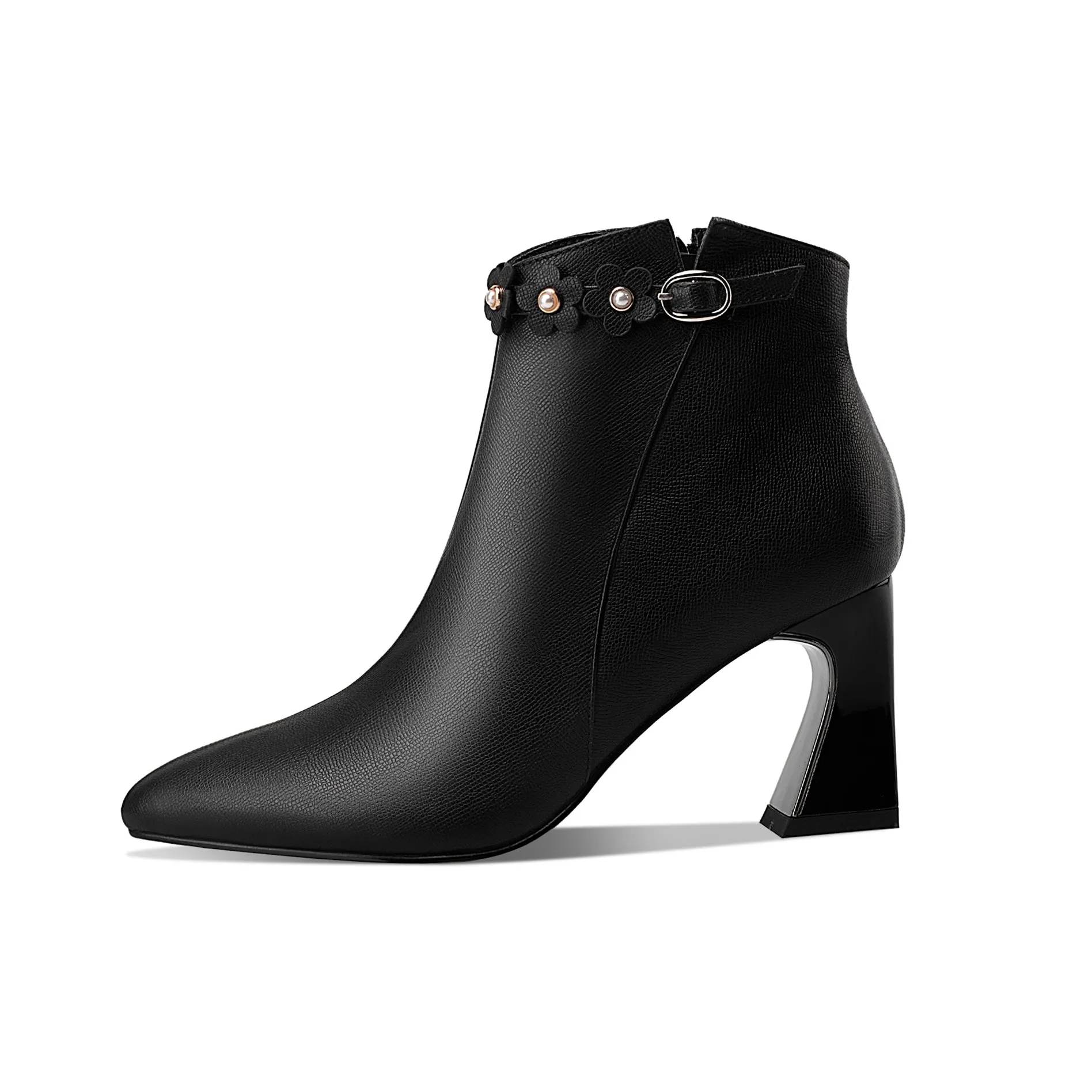 TinaCus Women's Handmade Genuine Leather Mid Spool Heel Side Zip Up Trendy Ankle Booties with Floral Buckle Decor