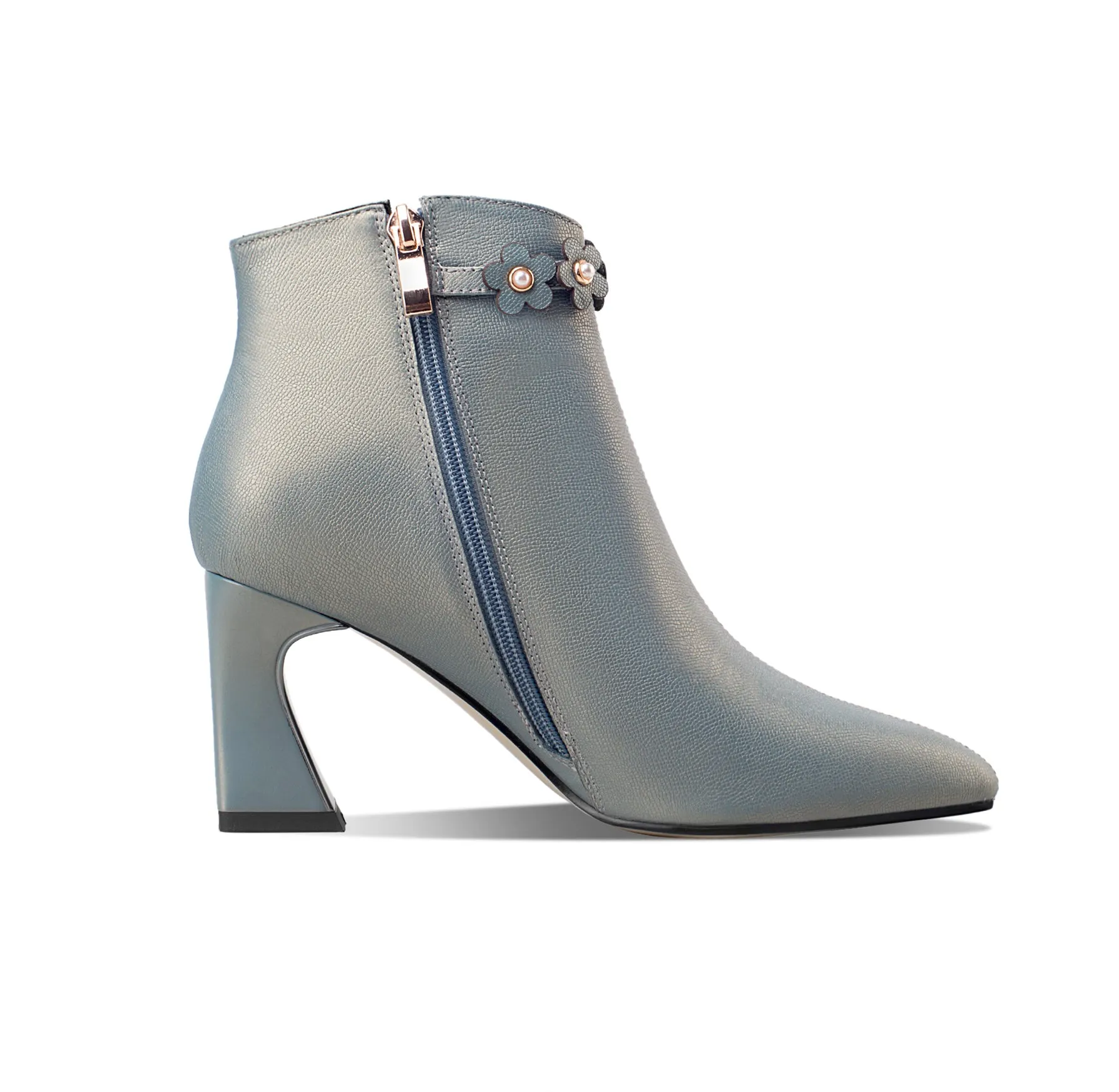 TinaCus Women's Handmade Genuine Leather Mid Spool Heel Side Zip Up Trendy Ankle Booties with Floral Buckle Decor