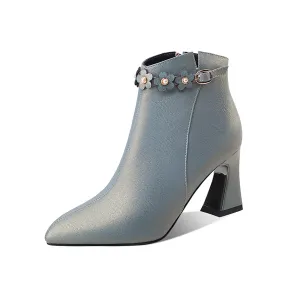 TinaCus Women's Handmade Genuine Leather Mid Spool Heel Side Zip Up Trendy Ankle Booties with Floral Buckle Decor