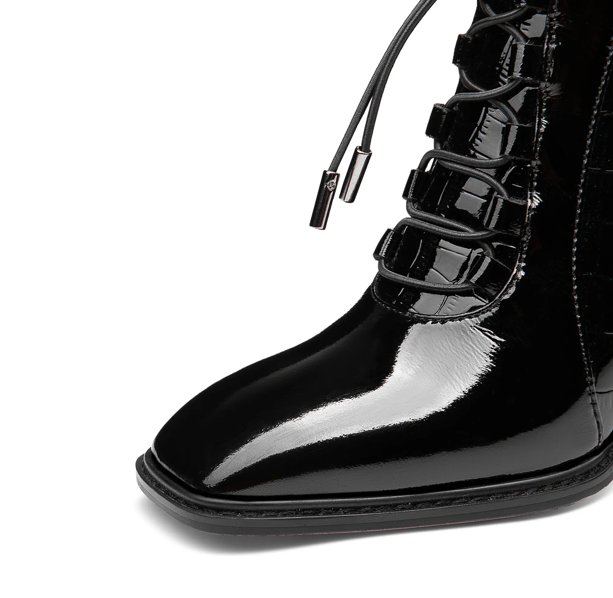TinaCus Women's Handmade Patent Leather Classic Square Toe High Spool Heel Back Zip Up Short Dressing Boots with Band