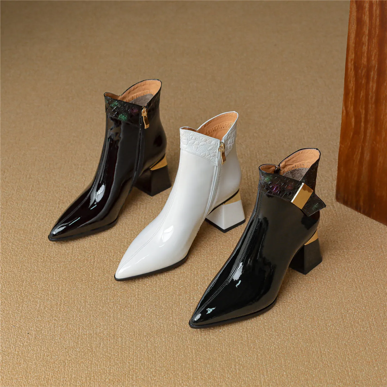 TinaCus Women's Leather Mid Chunky Heel Handmade Side Zip Ankle Boots