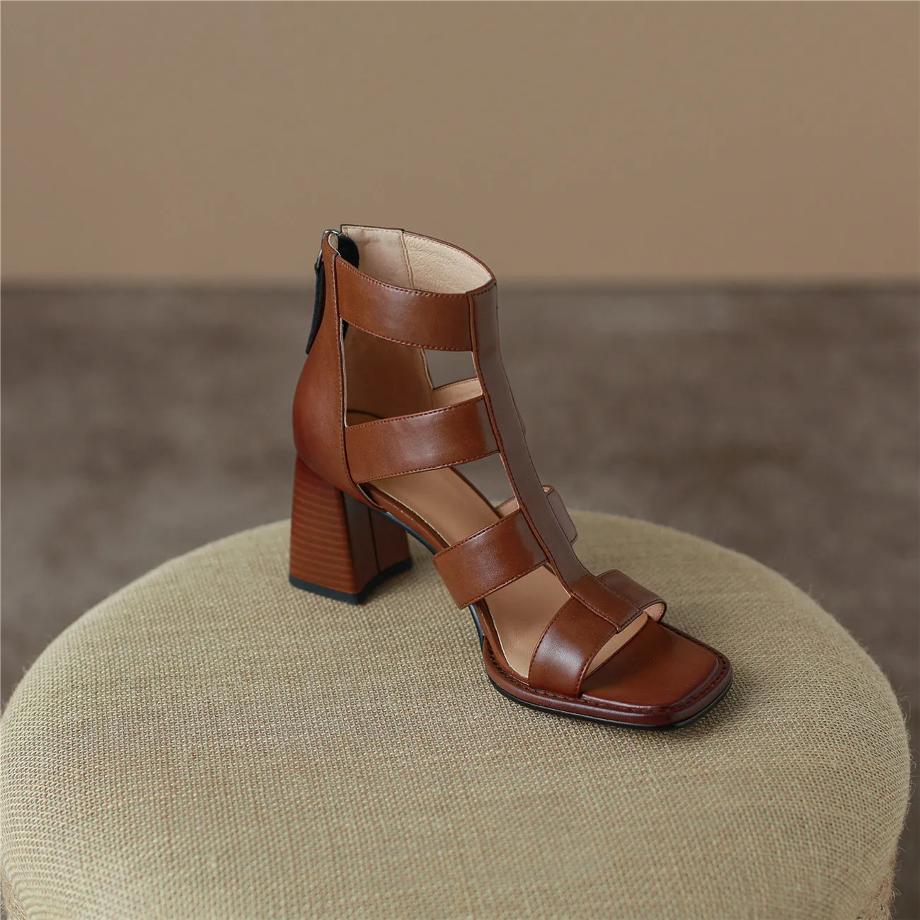 TinaCus Women's Open Toe Handmade Genuine Leather Mid Chunky Heels Back Zip Vintage Sandals Summer Ankle Boots