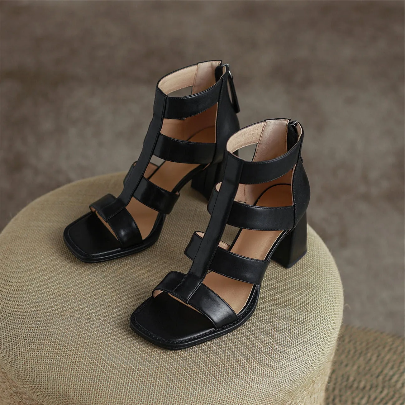 TinaCus Women's Open Toe Handmade Genuine Leather Mid Chunky Heels Back Zip Vintage Sandals Summer Ankle Boots