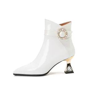 TinaCus Women's Patent Leather Handmade Mid Heel Side Zip Up Elegant Ankle Boots