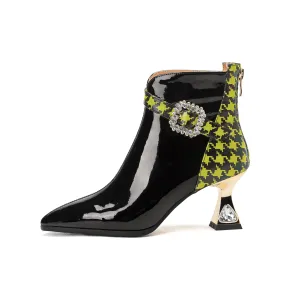 TinaCus Women's Patent Leather Handmade Pointy Toe Rhinestone Mid Heel Mixed Colors Zip Up Ankle Boots with Buckle