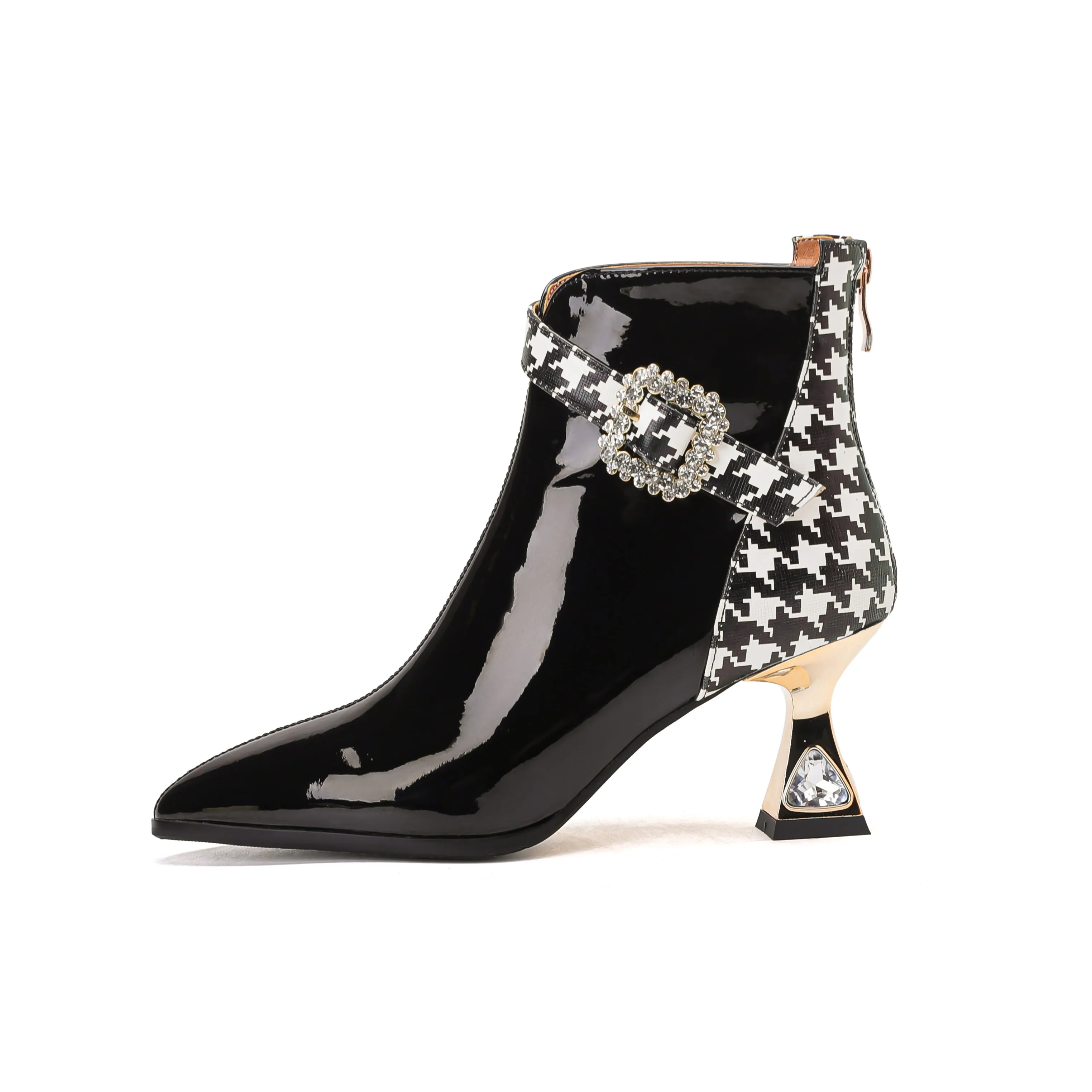 TinaCus Women's Patent Leather Handmade Pointy Toe Rhinestone Mid Heel Mixed Colors Zip Up Ankle Boots with Buckle