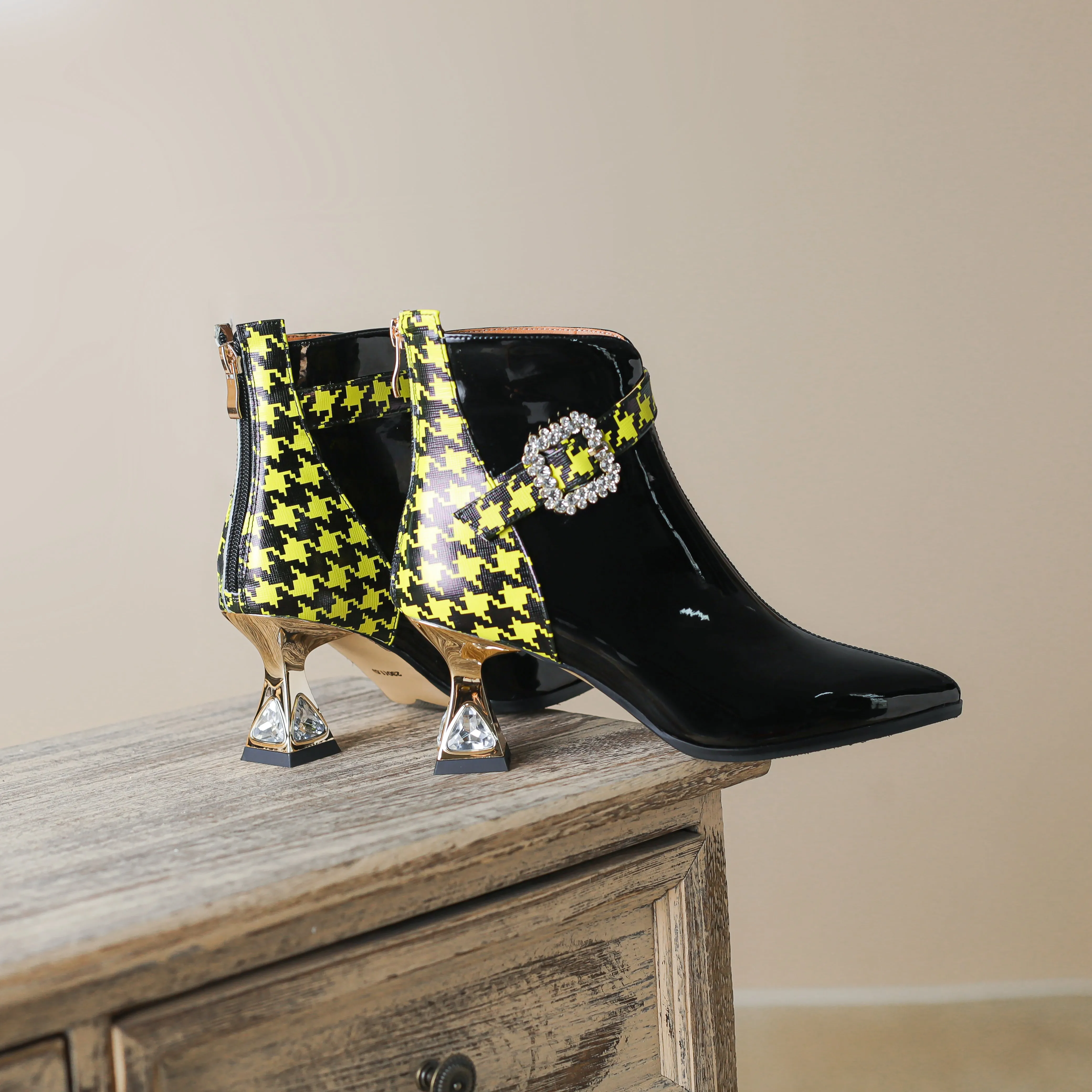 TinaCus Women's Patent Leather Handmade Pointy Toe Rhinestone Mid Heel Mixed Colors Zip Up Ankle Boots with Buckle