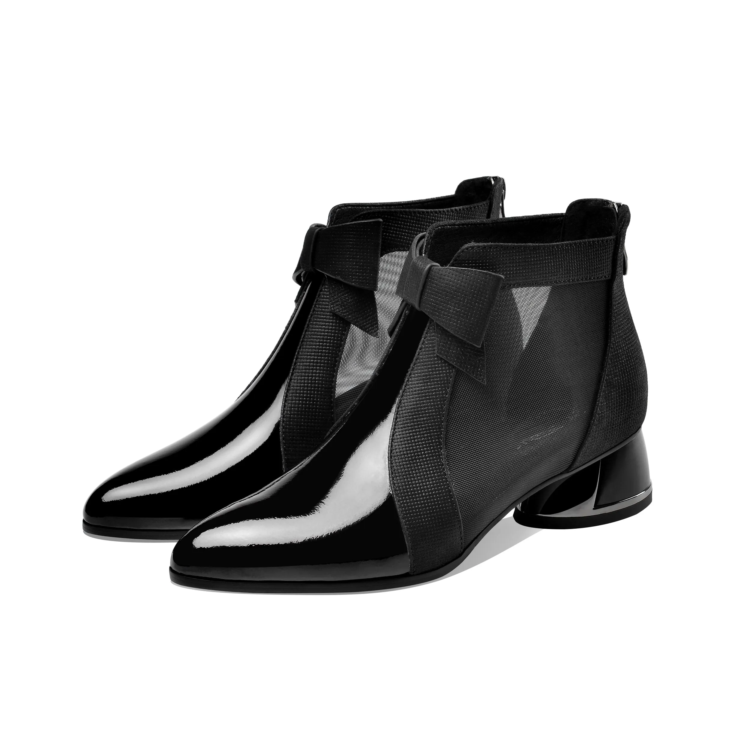 TinaCus Women's Patent Leather Pointed Toe Cute Bowknot Handmade Low Chunky Heel Stylish Ankle Boots with Back Zipper