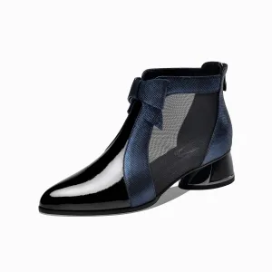 TinaCus Women's Patent Leather Pointed Toe Cute Bowknot Handmade Low Chunky Heel Stylish Ankle Boots with Back Zipper