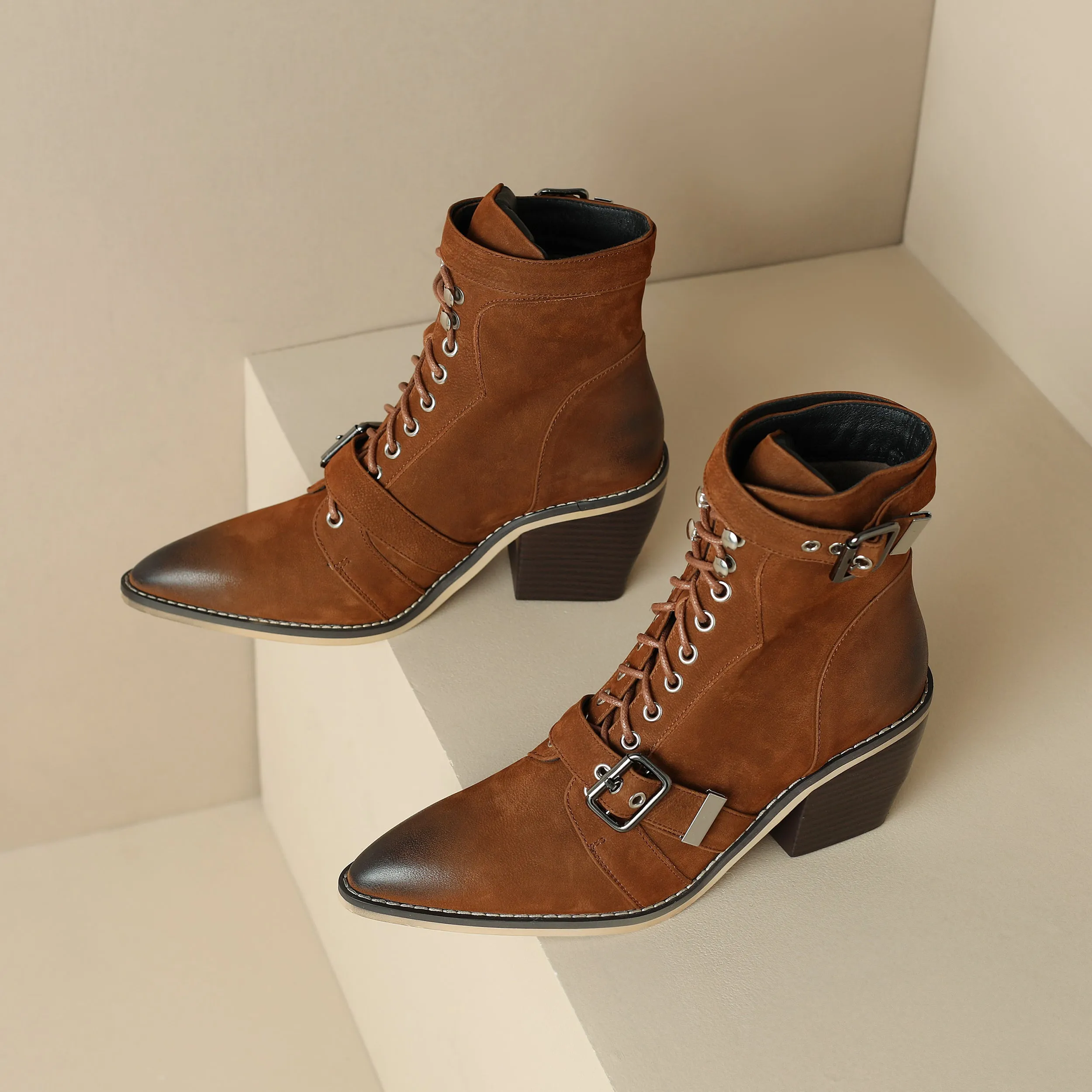 TinaCus Women's Pointed Toe Genuine Leather Handmade Buckle Block Heel Lace Up Ankle Boots