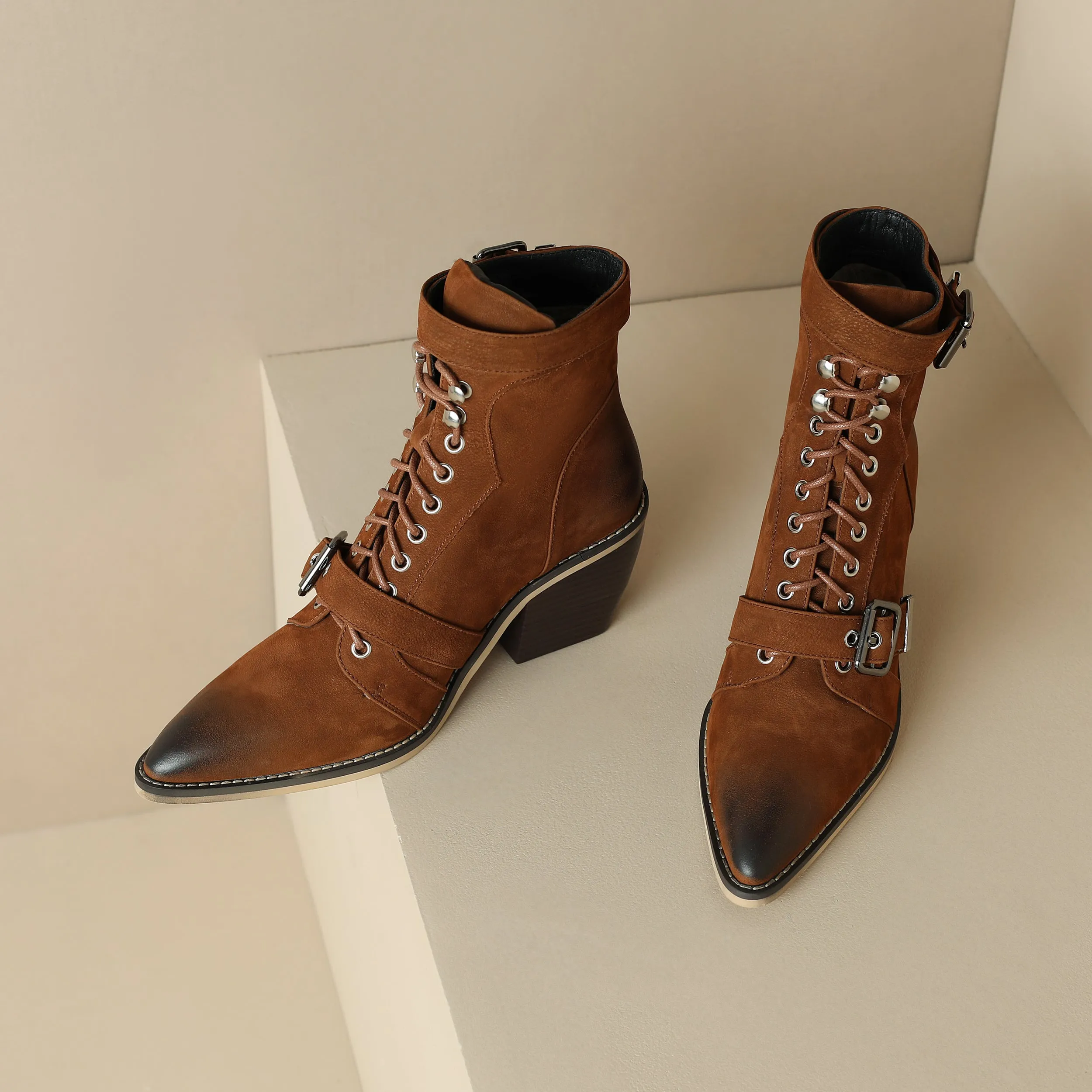 TinaCus Women's Pointed Toe Genuine Leather Handmade Buckle Block Heel Lace Up Ankle Boots