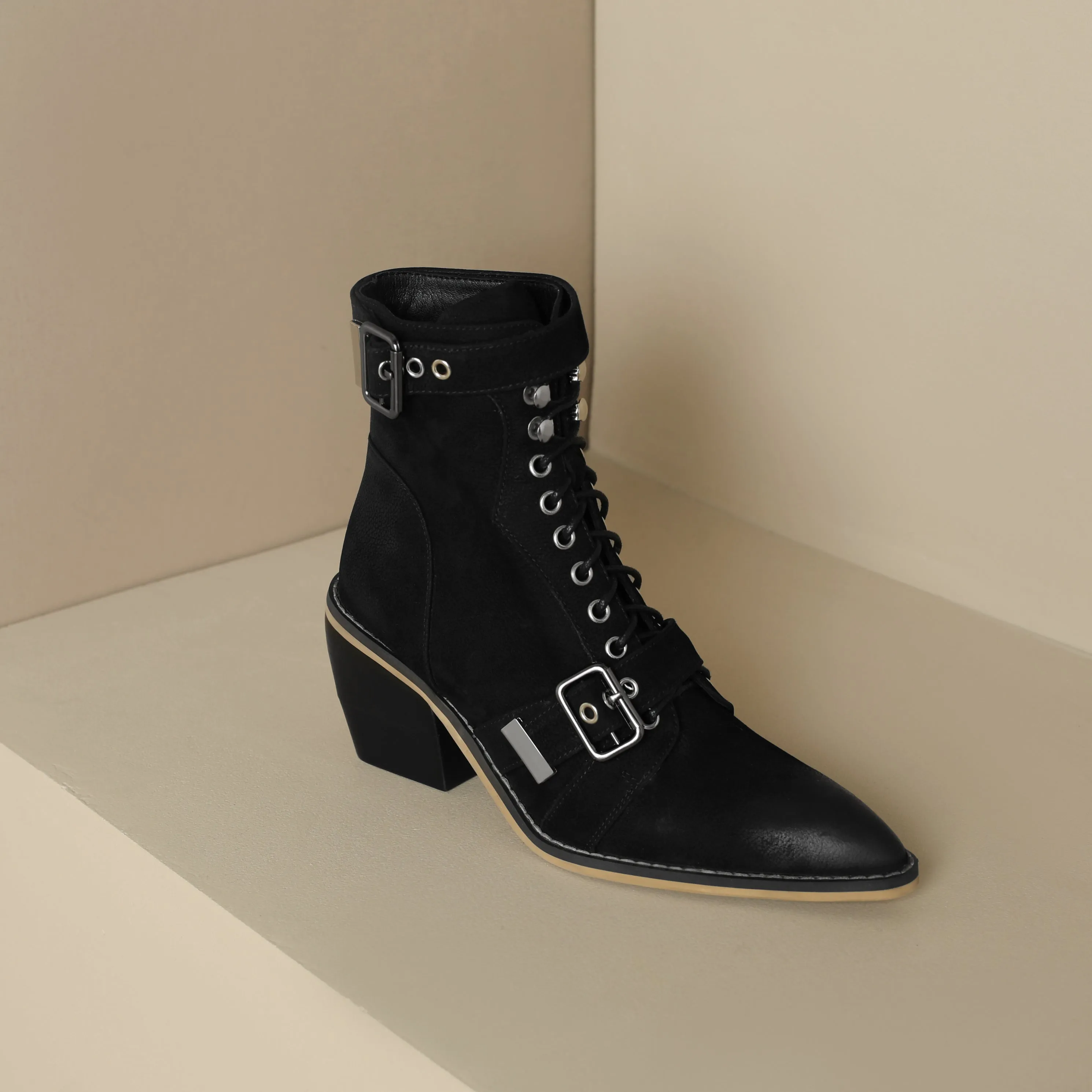 TinaCus Women's Pointed Toe Genuine Leather Handmade Buckle Block Heel Lace Up Ankle Boots