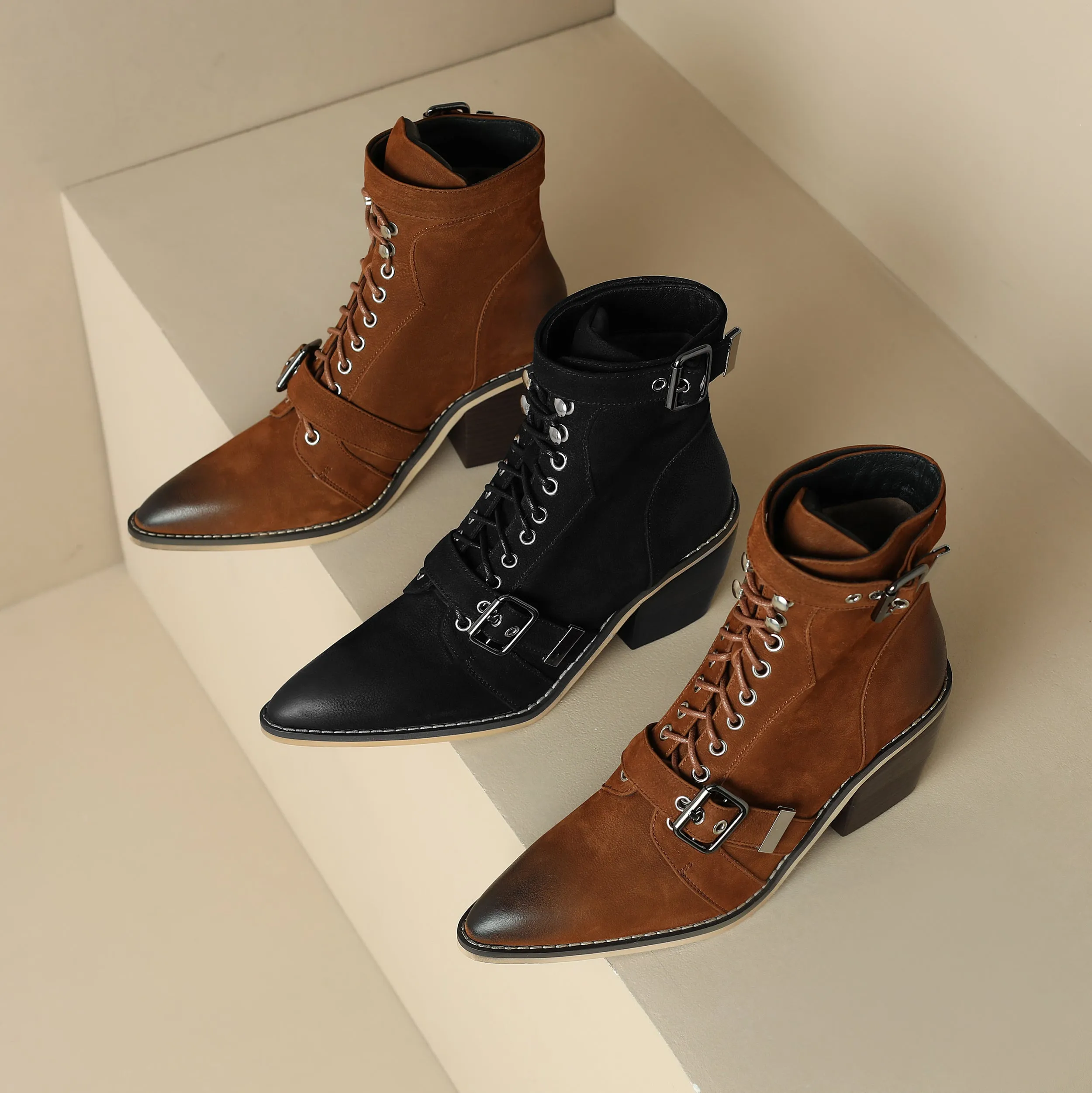 TinaCus Women's Pointed Toe Genuine Leather Handmade Buckle Block Heel Lace Up Ankle Boots