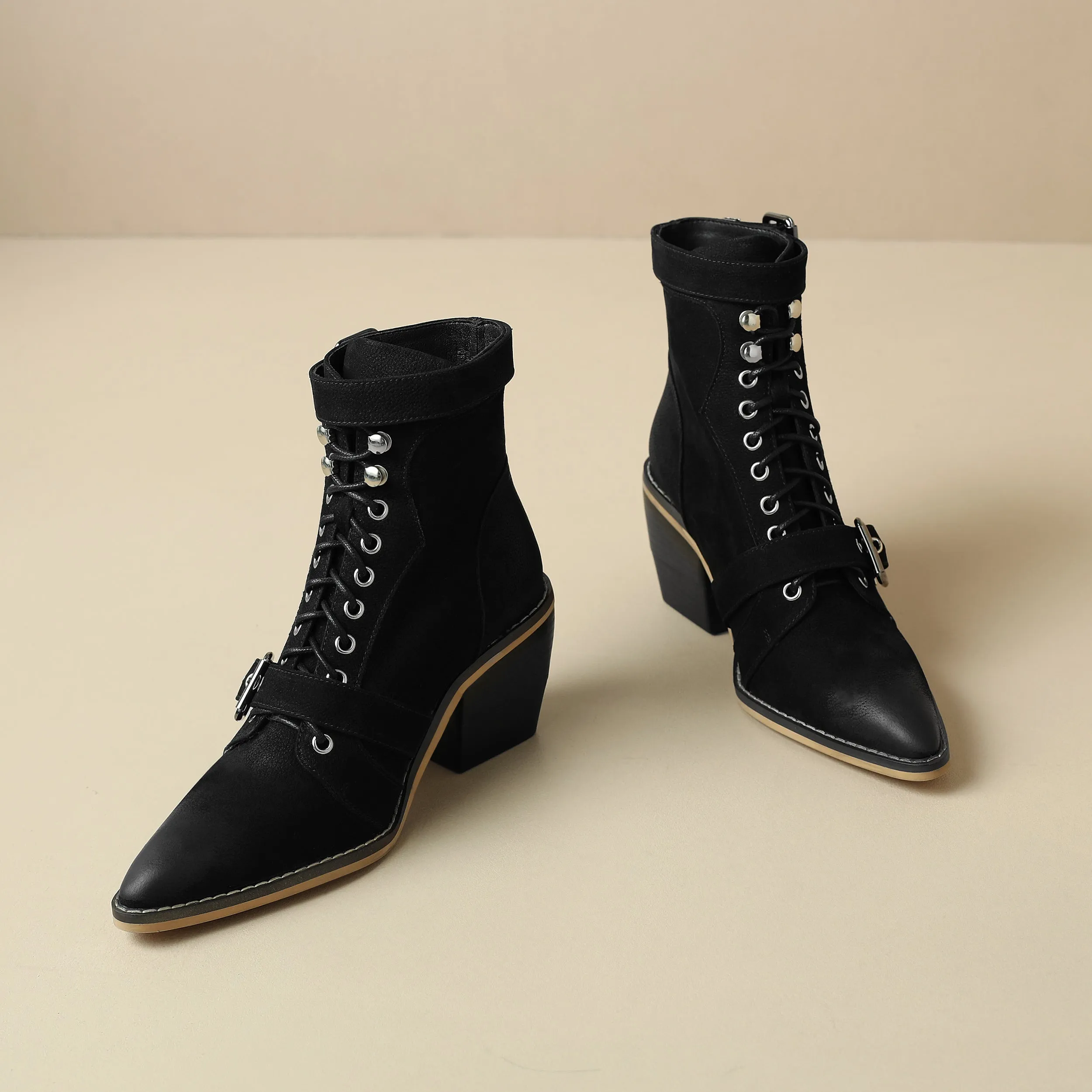 TinaCus Women's Pointed Toe Genuine Leather Handmade Buckle Block Heel Lace Up Ankle Boots