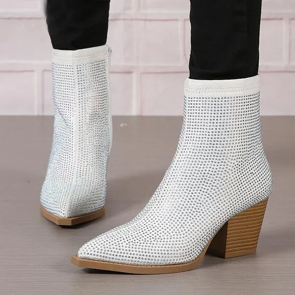 Women's Fashionable Rhinestone Block Heel Ankle Boots 31224374S