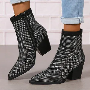 Women's Fashionable Rhinestone Block Heel Ankle Boots 31224374S