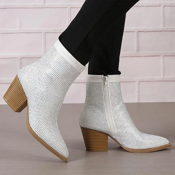 Women's Fashionable Rhinestone Block Heel Ankle Boots 31224374S