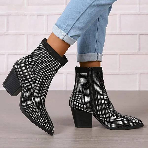 Women's Fashionable Rhinestone Block Heel Ankle Boots 31224374S