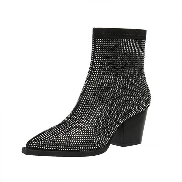 Women's Fashionable Rhinestone Block Heel Ankle Boots 31224374S